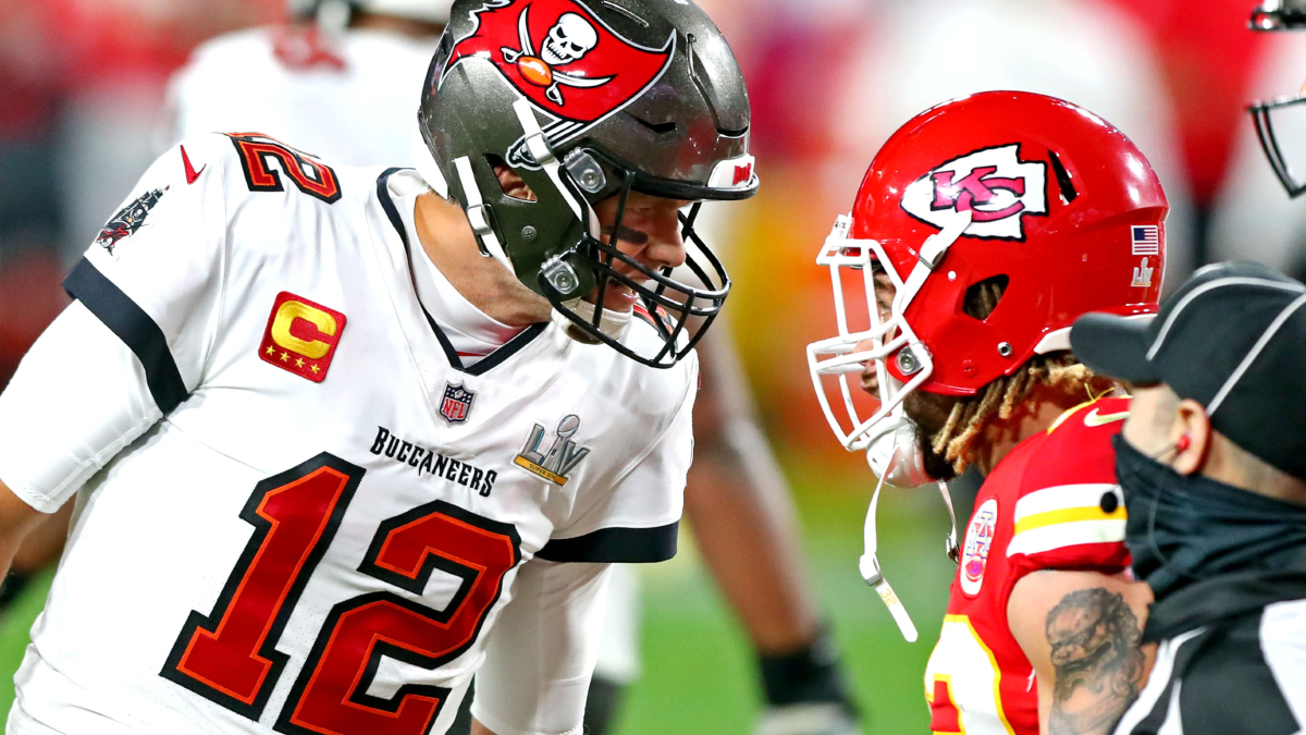 Tampa Bay Buccaneers quarterback Tom Brady and Kansas City Chiefs safety Tyrann Mathieu