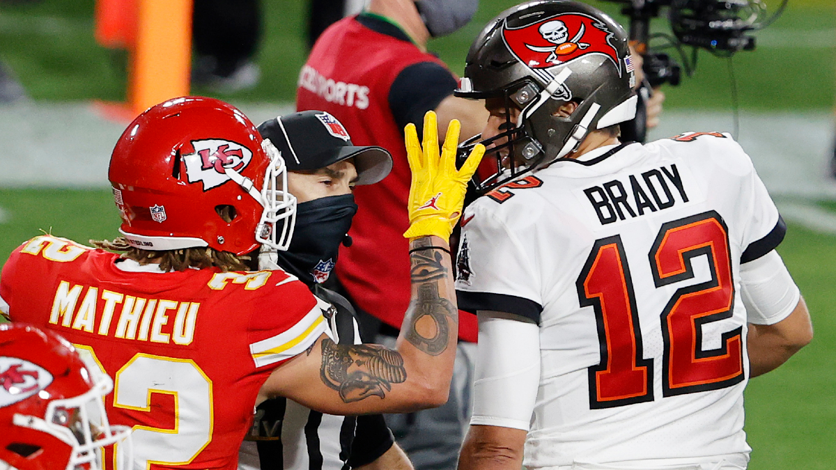 Tampa Bay Buccaneers quarterback Tom Brady and Kansas City Chiefs safety Tyrann Mathieu