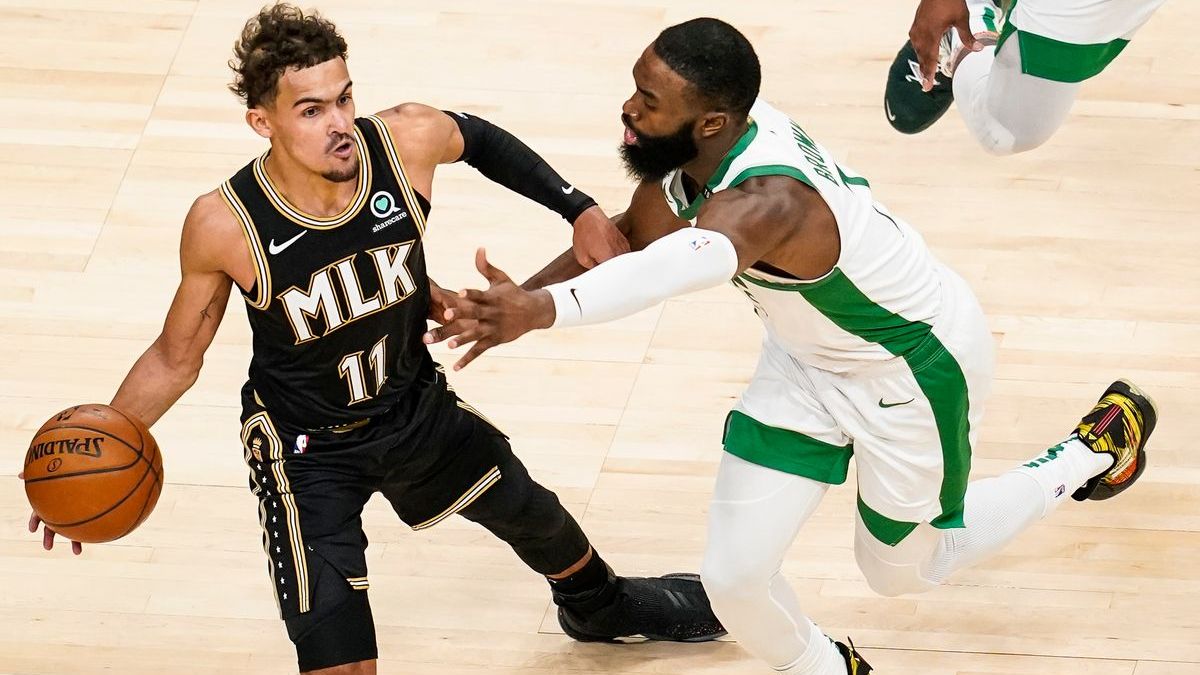 Atlanta Hawks guard Trae Young And Boston Celtics guard Jaylen Brown