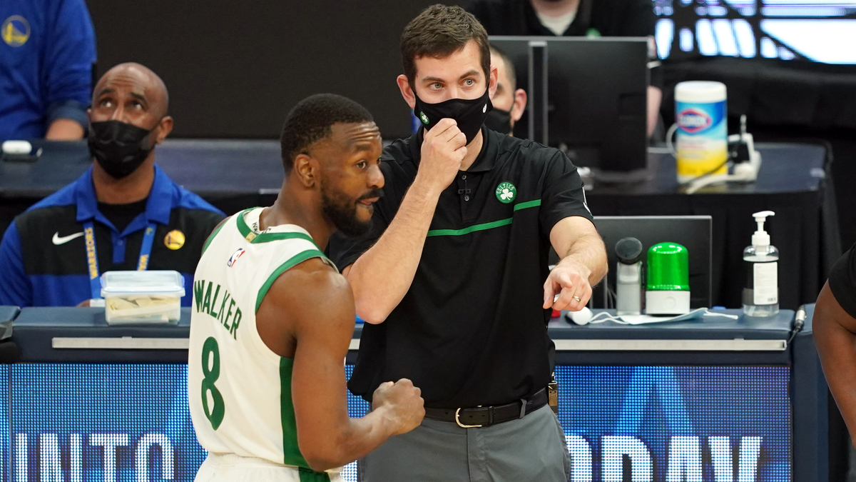 Boston Celtics president of basketball operations Brad Stevens, guard Kemba Walker