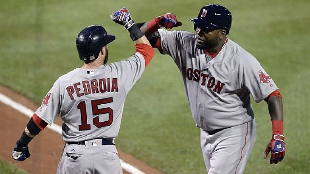 Former Boston Red Sox players David Ortiz and Dustin Pedroia