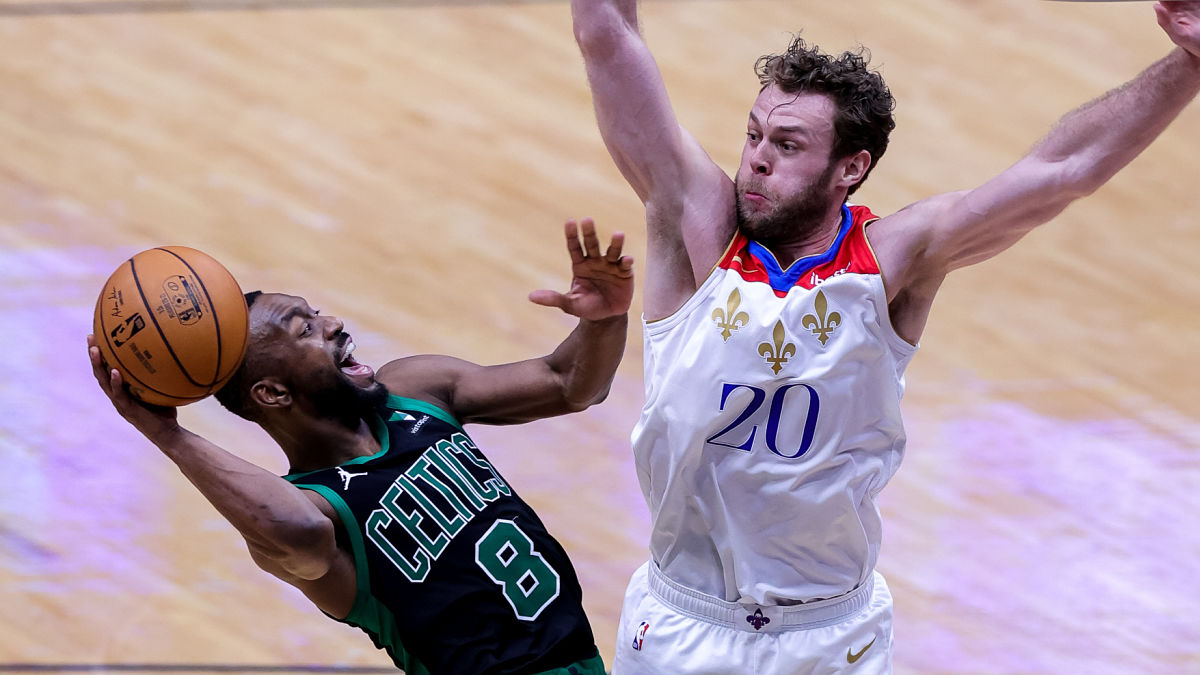 Boston Celtics guard Kemba Walker and New Orleans Pelicans forward Nicolo Melli
