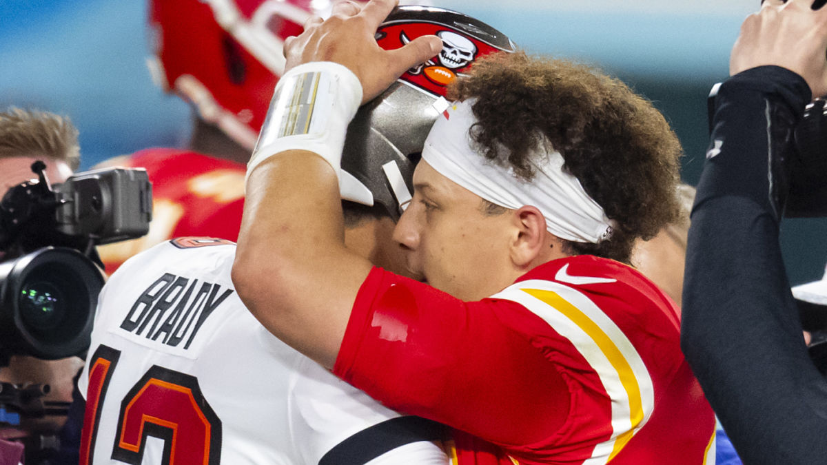 Tampa Bay Buccaneers quarterback Tom Brady and Kansas City Chiefs quarterback Patrick Mahomes