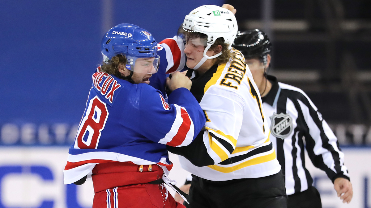 New York Rangers left wing Brendan Lemieux, Boston Bruins forward Trent Frederic