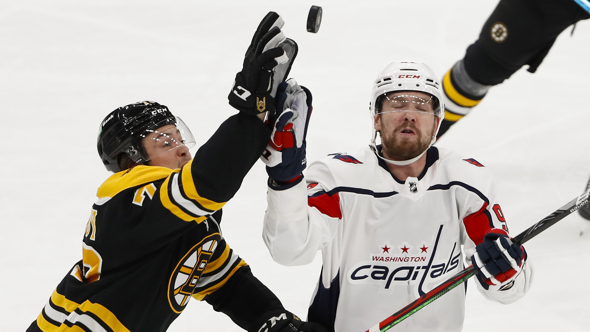 Boston Bruins defenseman Charlie McAvoy, Washington Capitals defenseman Dmitry Orlov