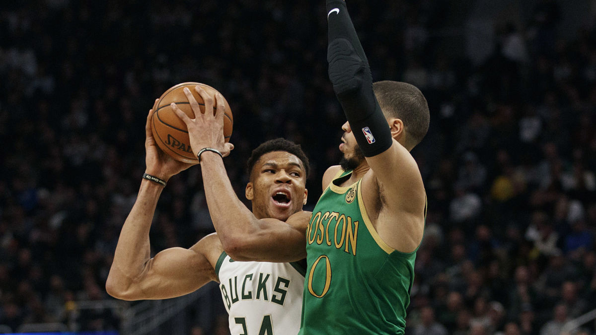 Milwaukee Bucks forward Giannis Antetokounmpo and Boston Celtics forward Jayson Tatum