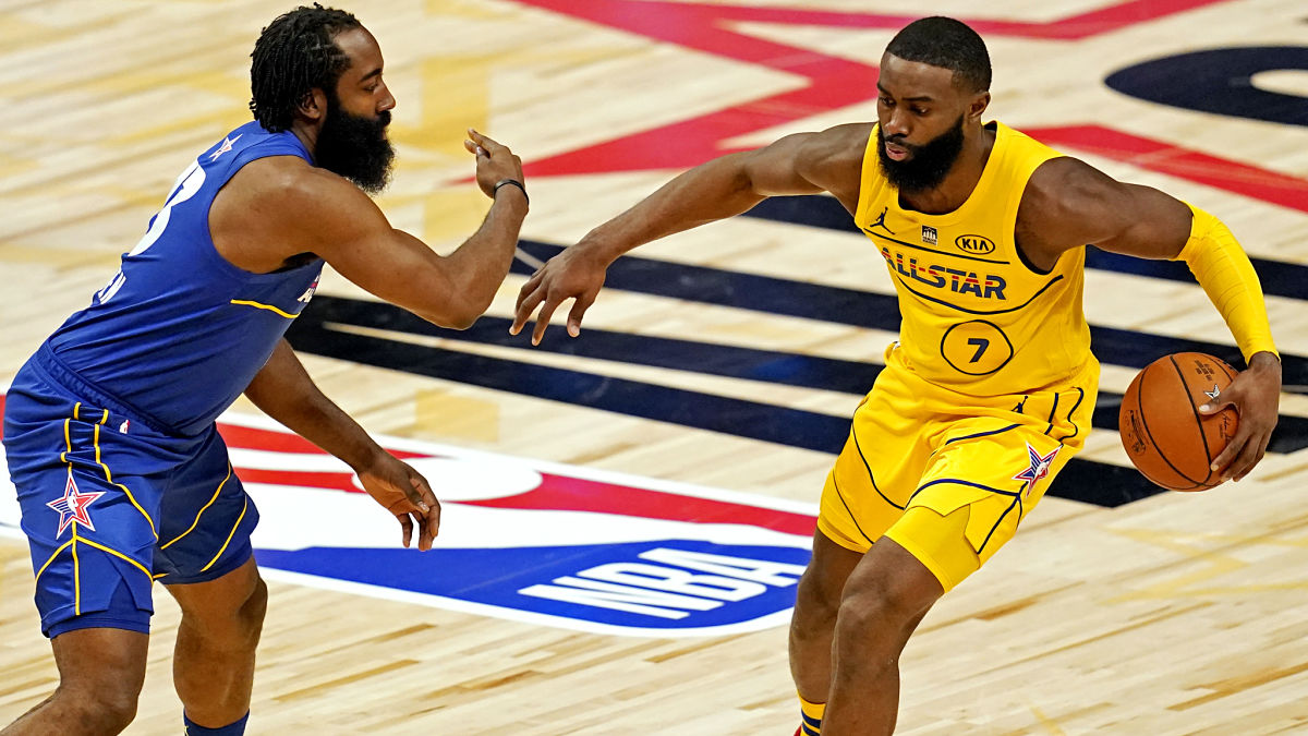 Brooklyn Nets guard James Harden and Boston Celtics guard Jaylen Brown
