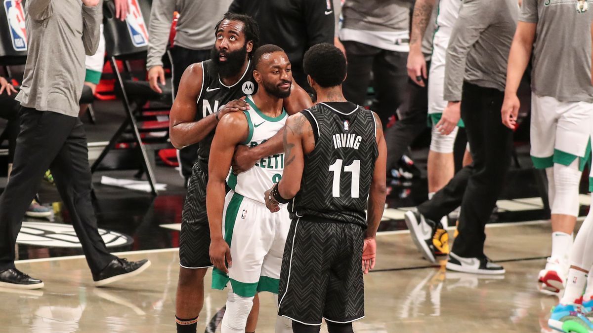 Brooklyn Nets guards James Harden, Kyrie Irving, Boston Celtics guard Kemba Walker