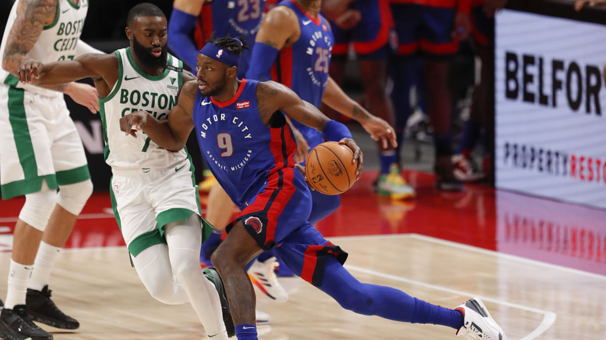 Boston Celtics guard Jaylen Brown and Detroit Pistons forward Jerami Grant