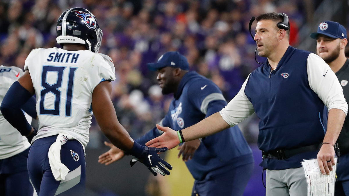 Patriots tight end Jonnu Smith, Titans head coach Mike Vrabel