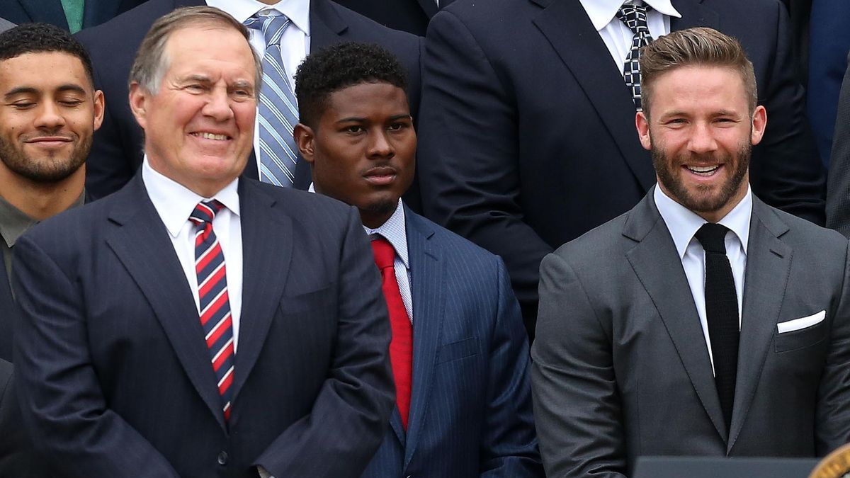 New England Patriots head coach Bill Belichick, receiver Julian Edelman