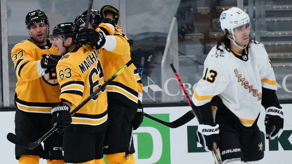 Boston Bruins Forwards Brad Marchand, David Pastrnak and Patrice Bergeron