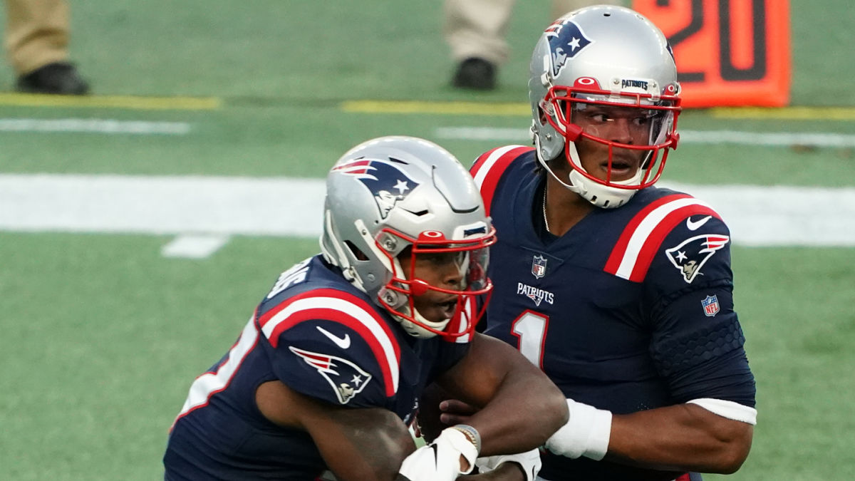 New England Patriots running back Damien Harris and quarterback Cam Newton