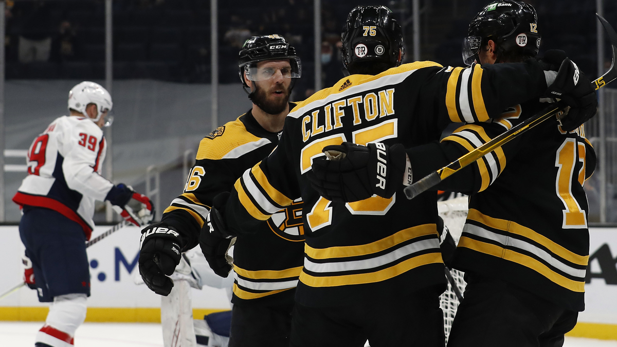 Boston Bruins center David Krejci, winger Craig Smith, defenseman Connor Clifton