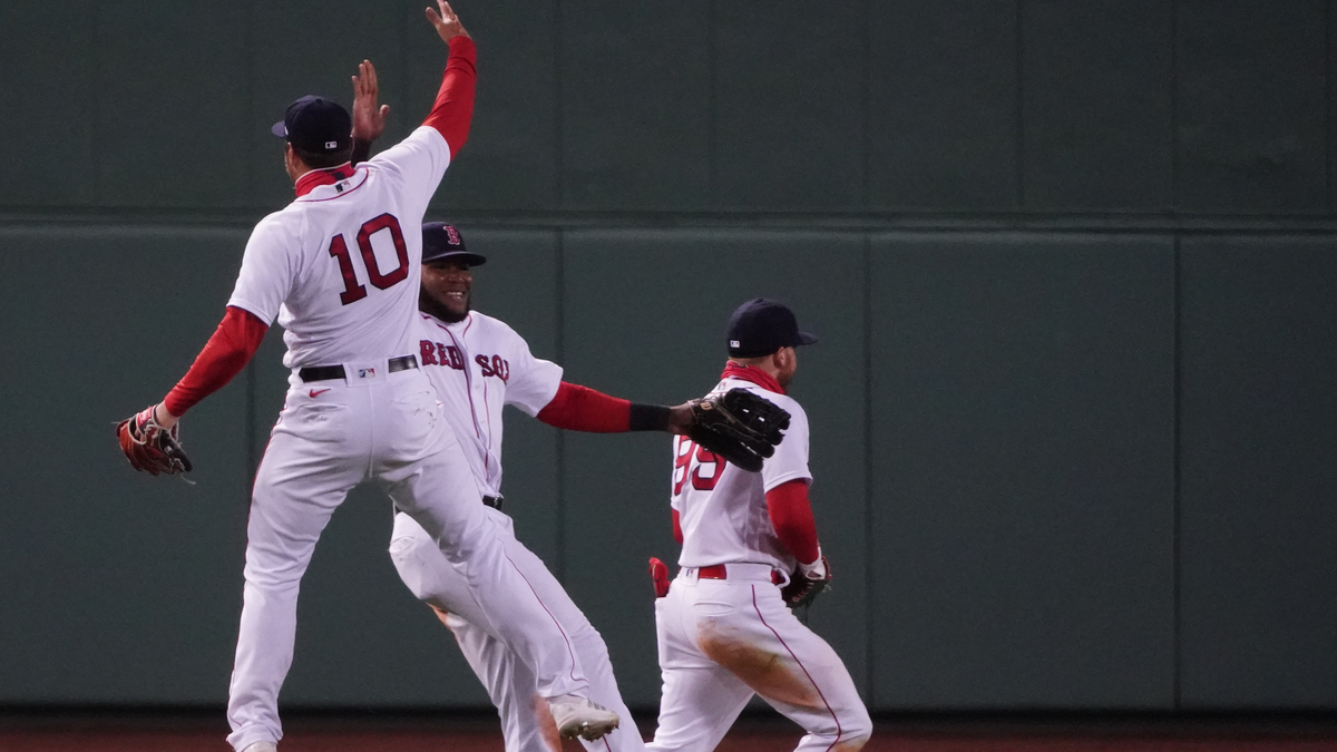 Boston Red Sox outfielders Hunter Renfroe, Franchy Cordero, Alex Verdugo