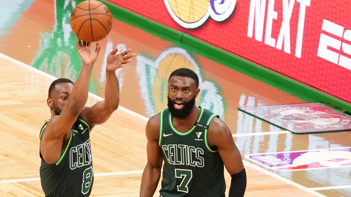 Boston Celtics guards Kemba Walker and Jaylen Brown