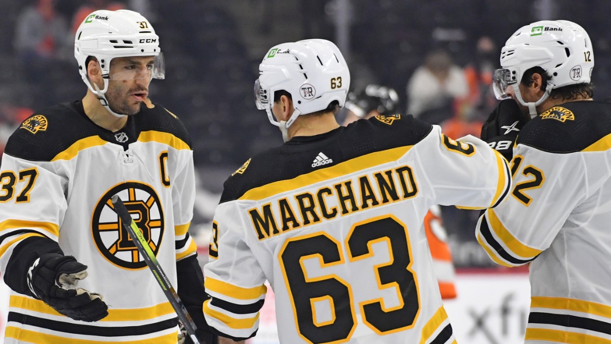 Boston Bruins Forwards Patrice Bergeorn, Craig Smith & Brad Marchand