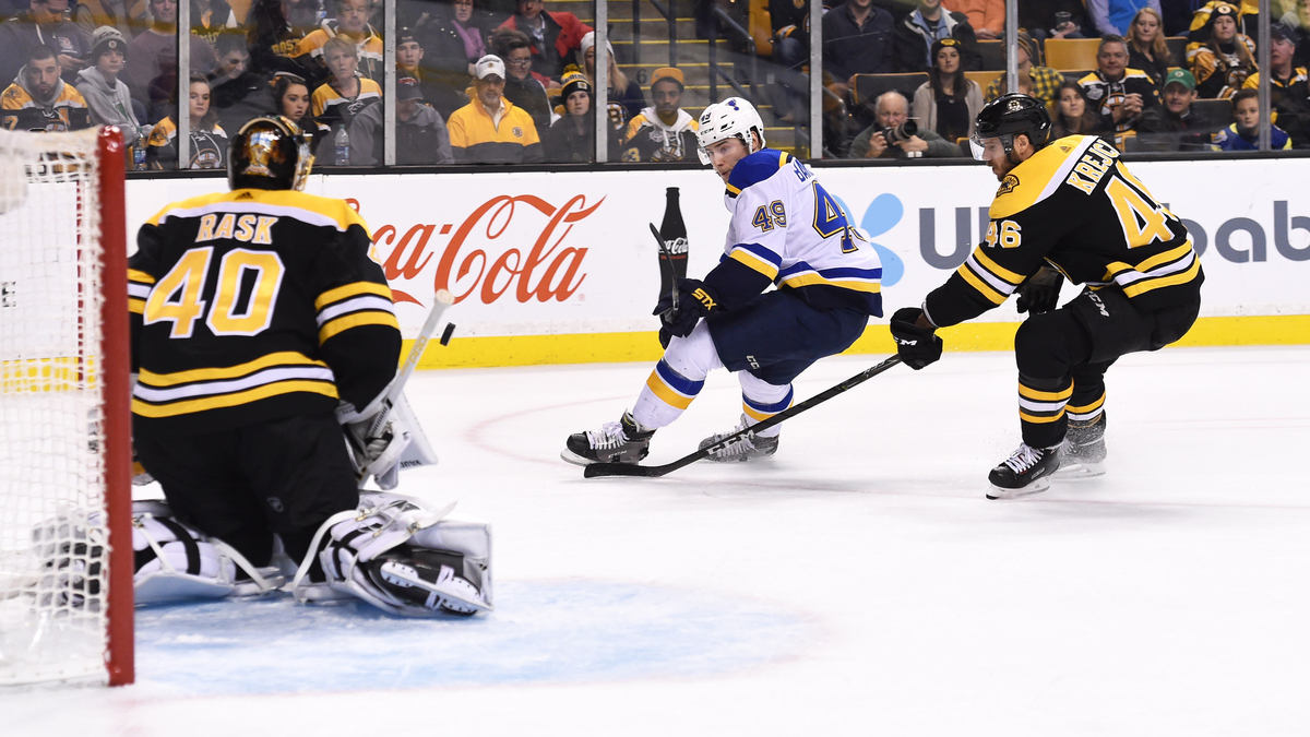 Boston Bruins goalie Tuukka Rask, center David Krejci, St. Louis Blues forward Ivan Barbashev