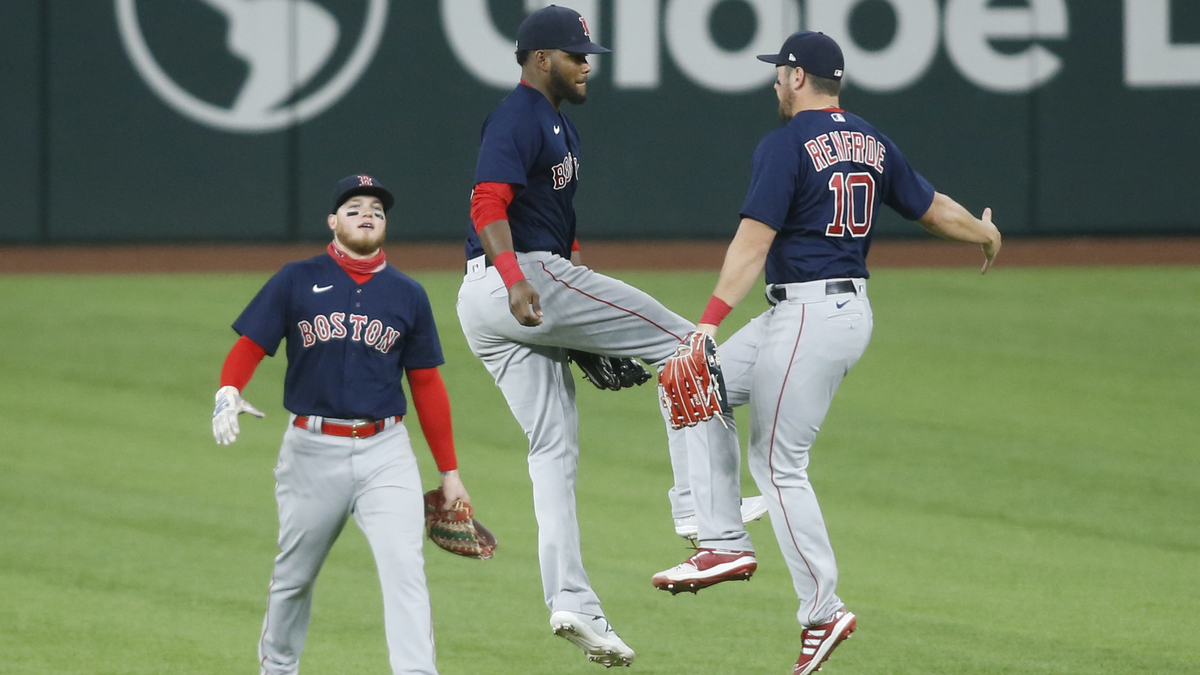 Boston Red Sox outfielders Alex Verdugo, Franchy Cordero, Hunter Renfroe