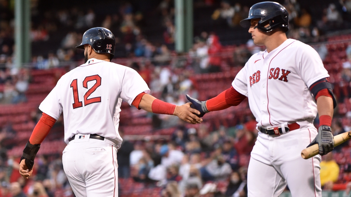 Boston Red Sox infielder Marwin González (left) and outfielder Hunter Renfroe