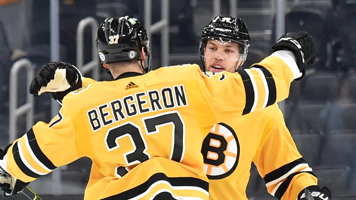 Boston Bruins forwards Patrice Bergeron, Taylor Hall
