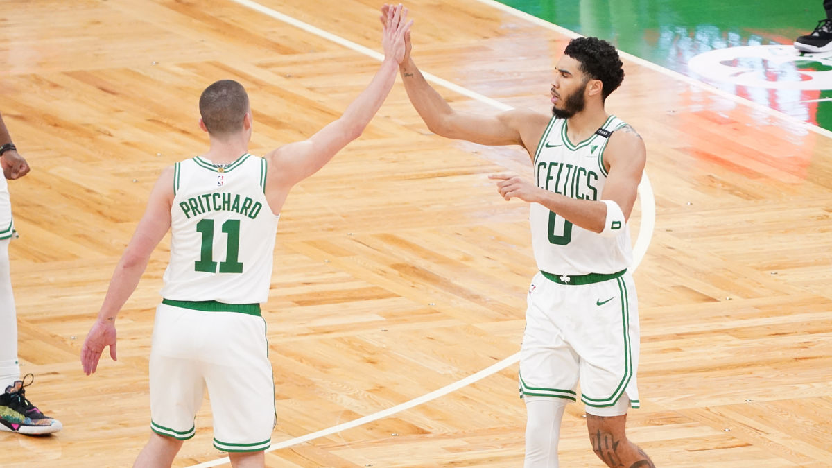 Boston Celtics guard Payton Pritchard and forward Jayson Tatum