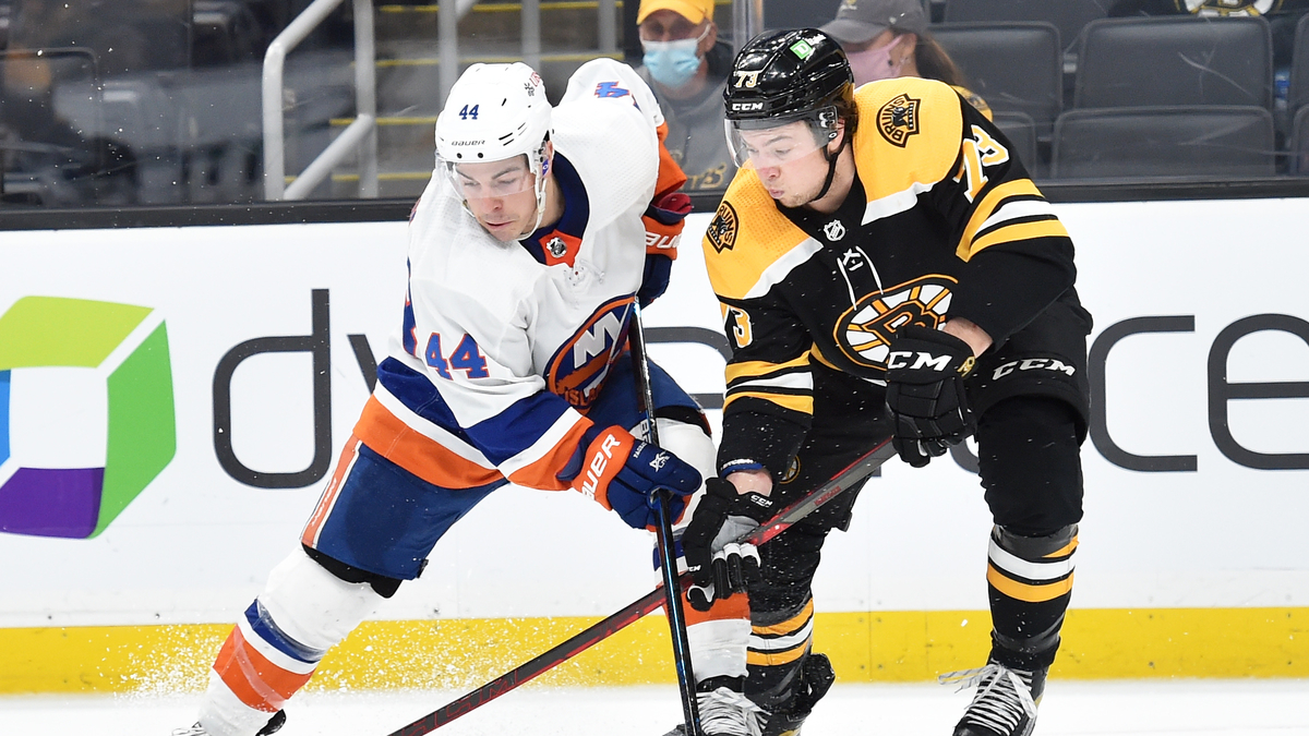 New York Islanders center Jean-Gabriel Pageau, Boston Bruins defenseman Charlie McAvoy