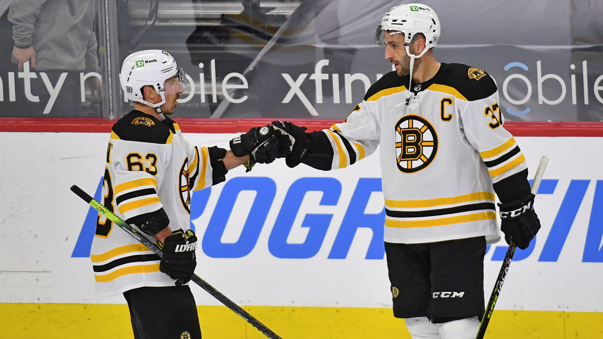 Boston Bruins left wing Brad Marchand and center Patrice Bergeron