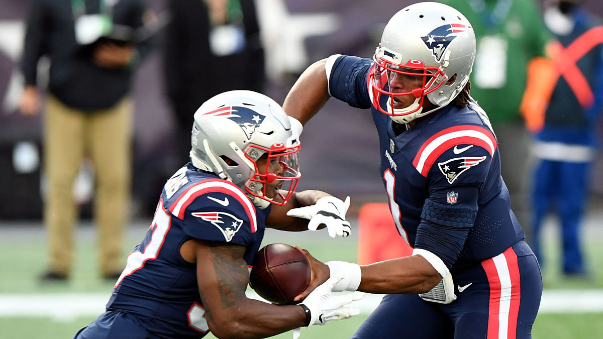 New England Patriots running back Damien Harris and quarterback Cam Newton