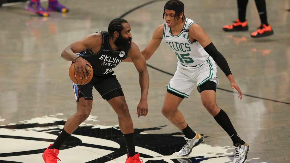 Brooklyn Nets shooting guard James Harden (13) and Boston Celtics shooting guard Romeo Langford (45)