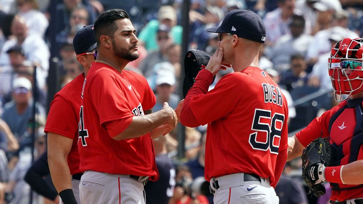 Boston Red Sox pitcher Martin Perez, pitching coach Dave Bush
