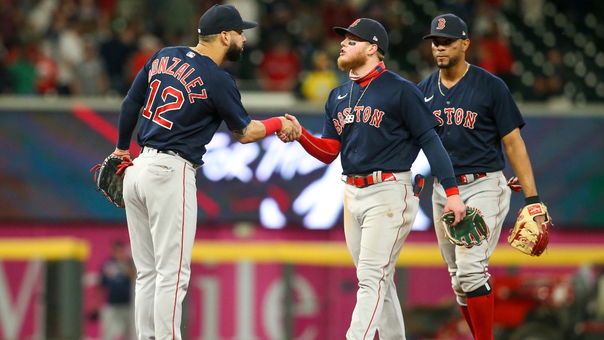Boston Red Sox Utility Player Marwin Gonzalez (left), outfielder Alex Verdugo (center) and shortstop Xander Bogaerts