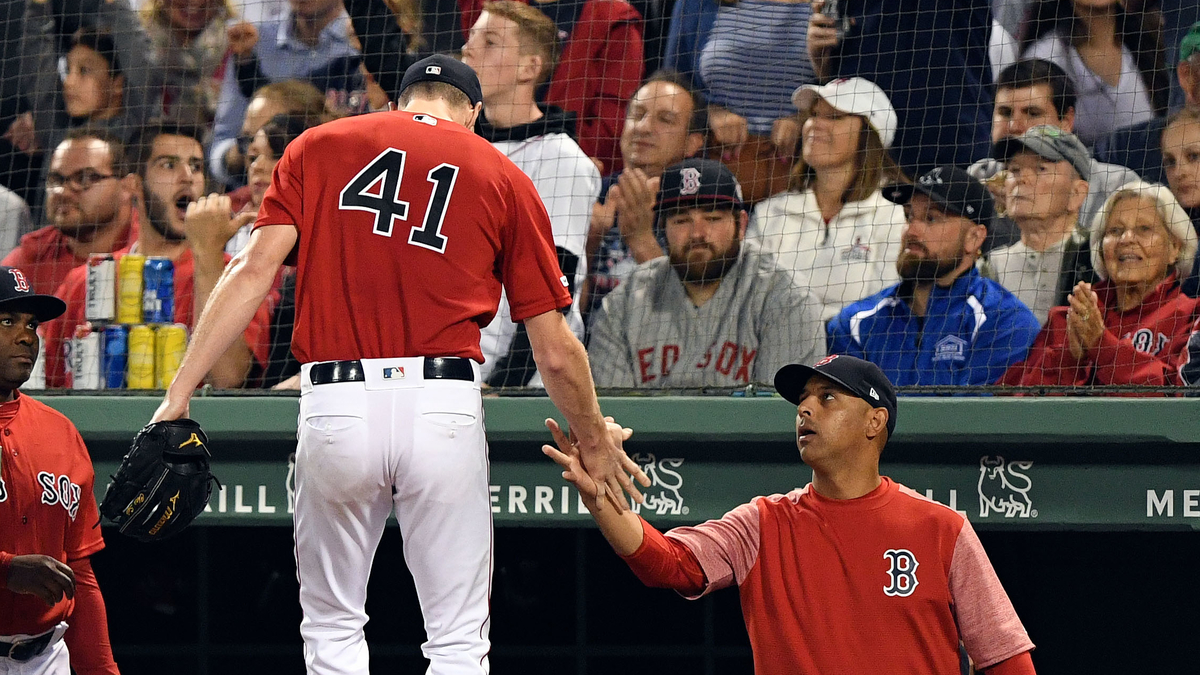 Boston Red Sox starting pitcher Chris Sale, manager Alex Cora