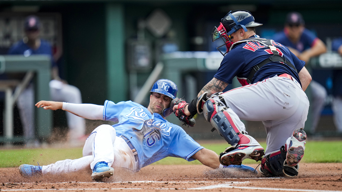 Kansas City Royals right fielder Whit Merrifield, Boston Red Sox catcher Christian Vazquez