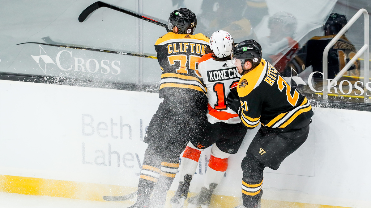 Boston Bruins defenseman Connor Clifton, forward Nick Ritchie, Philadelphia Flyers forward Travis Konecny