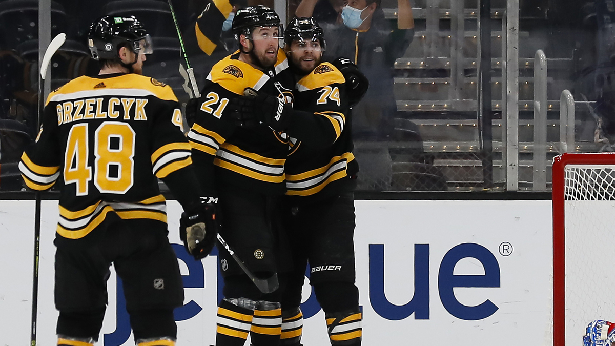 Boston Bruins wingers Jake DeBrusk and Nick Ritchie, defenseman Matt Grzlecyk