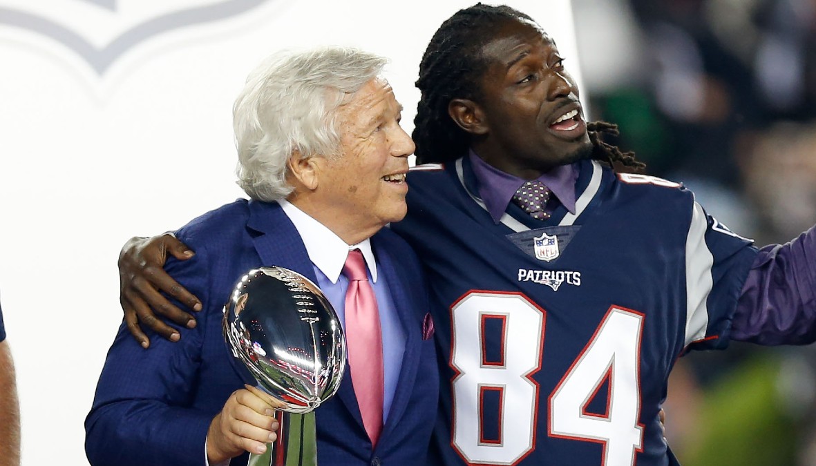 New England Patriots owner Robert Kraft and former NFL wide receiver Deion Branch