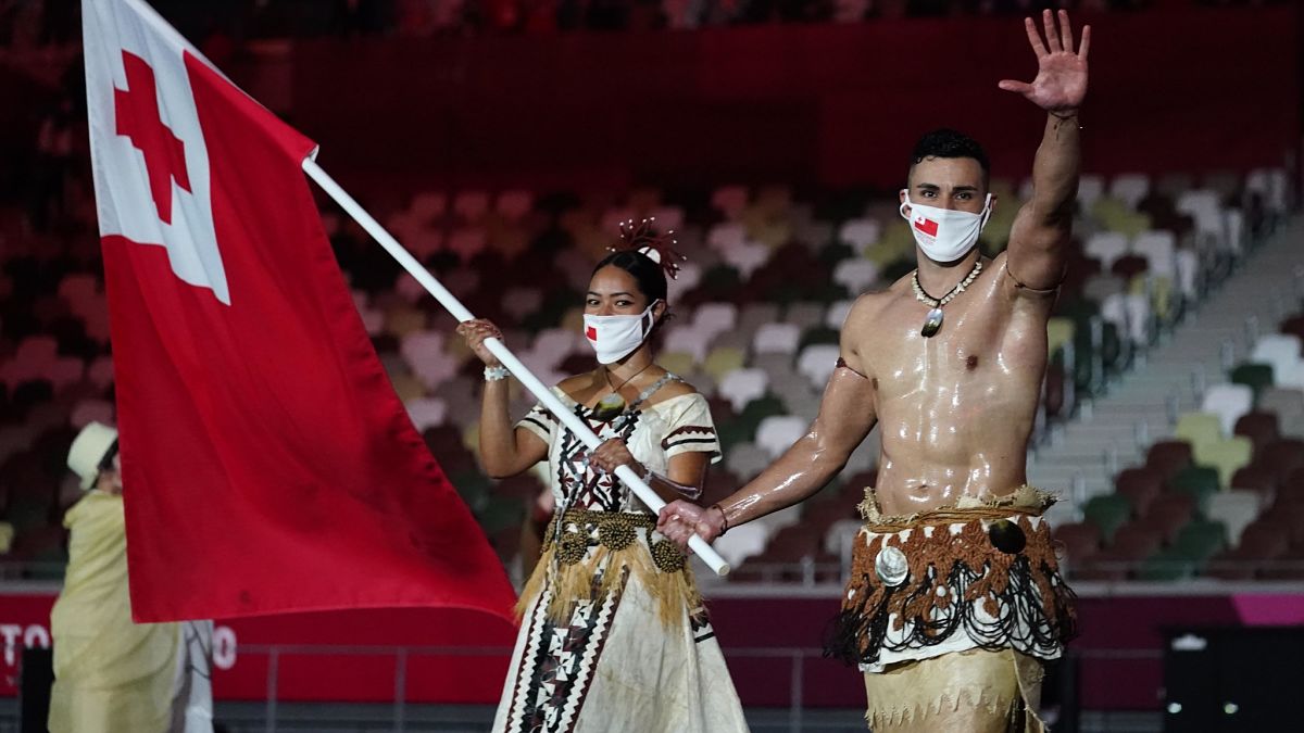 Tonga flag bearers Malia Paseka and Pita Taufatofua