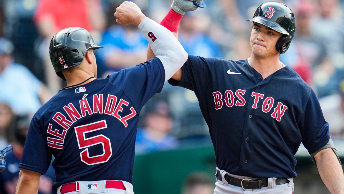 Boston Red Sox center fielder Kiké Hernández (left) and first baseman Bobby Dalbec