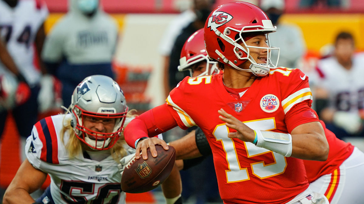New England Patriots defensive end Chase Winovich and Kansas City Chiefs quarterback Patrick Mahomes