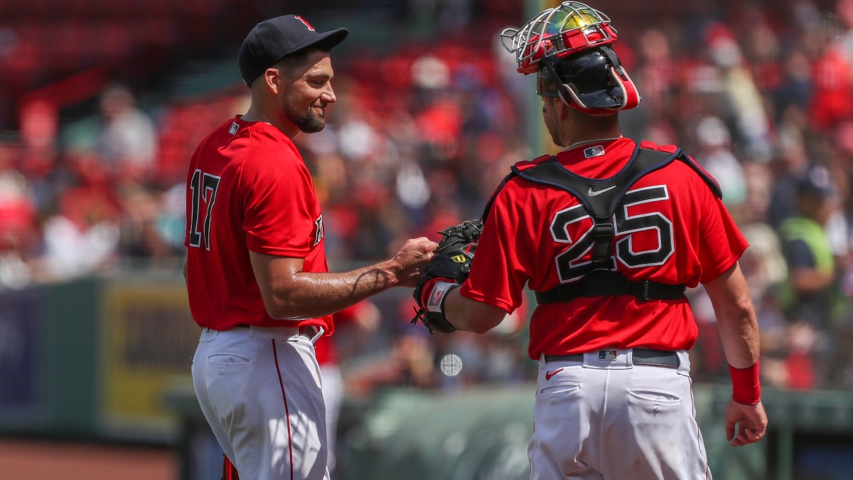 Boston Red Sox starting pitcher Nathan Eovaldi (17) and catcher Kevin Plawecki (25)