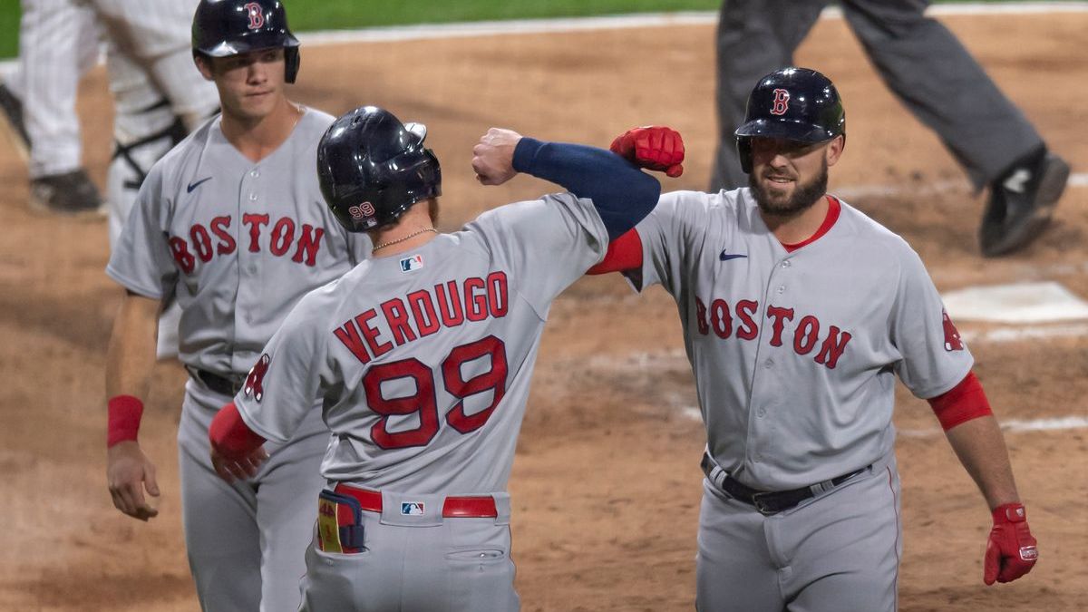 Boston Red Sox's Bobby Dalbec, Alex Verdugo, Travis Shaw