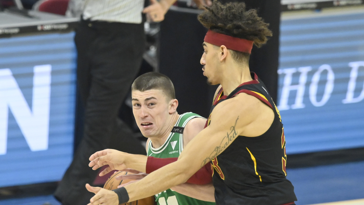 Boston Celtics guards Brodric Thomas and Payton Pritchard