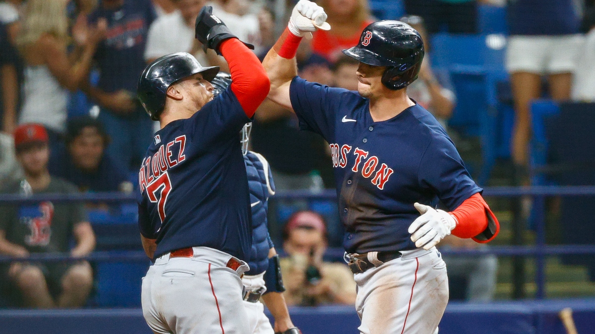 Boston Red Sox catcher Christian Vázquez (left) and first baseman Bobby Dalbec
