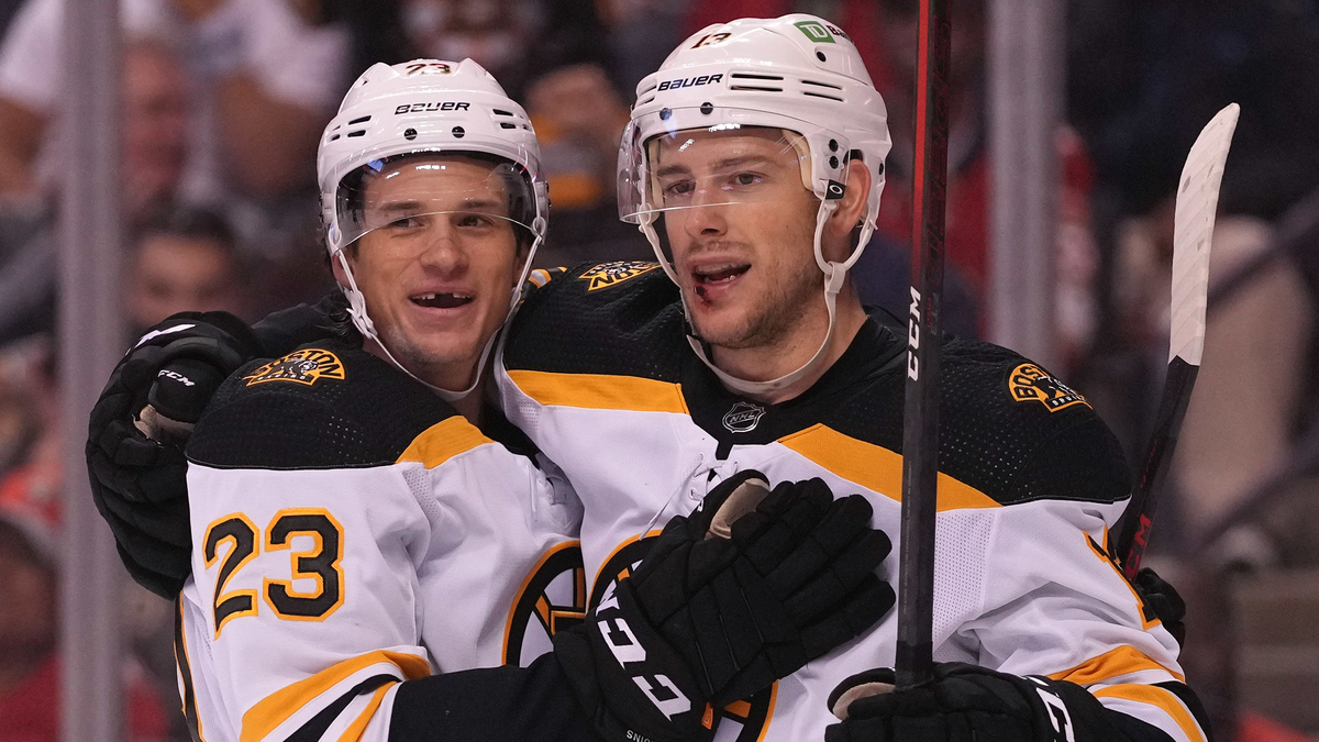 Boston Bruins forwards Jack Studnicka and Charlie Coyle