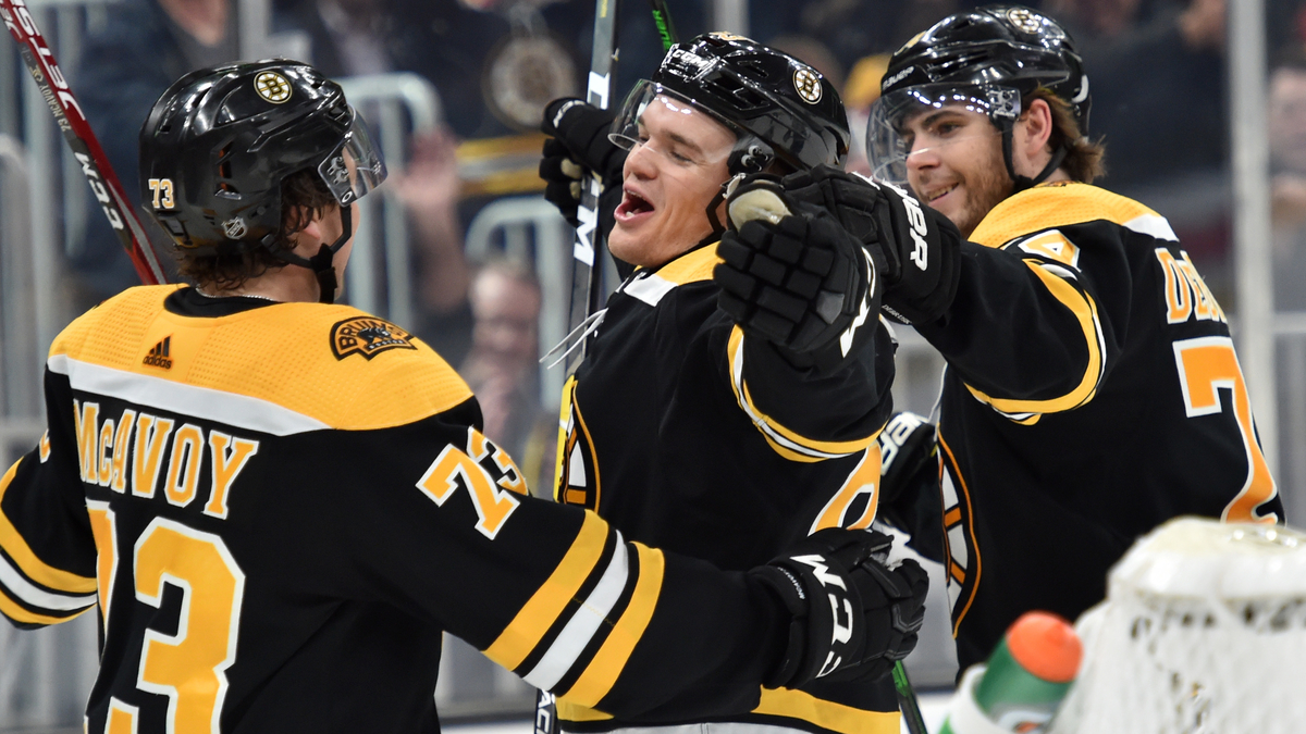 Boston Bruins forwards Jake DeBrusk and Karson Kuhlman, defenseman Charlie McAvoy
