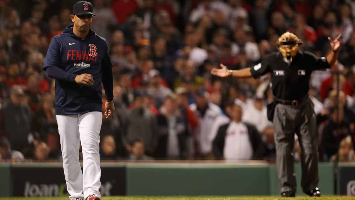 Boston Red Sox manager Alex Cora, MLB umpire Laz Díaz