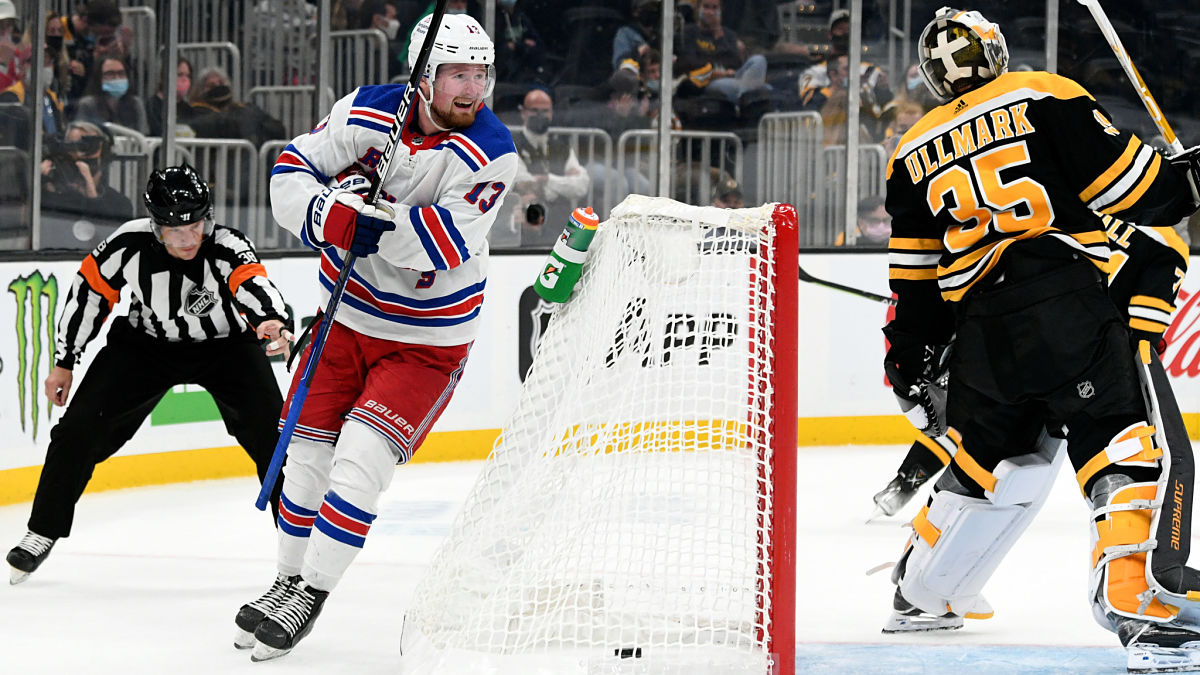New York Rangers wing Alexis Lafreniere and Boston Bruins goalie Linus Ullmark