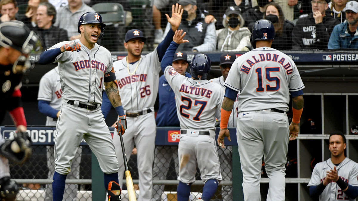 Houston Astros shortstop Carlos Correa, center fielder Jose Siri, second baseman Jose Altuve