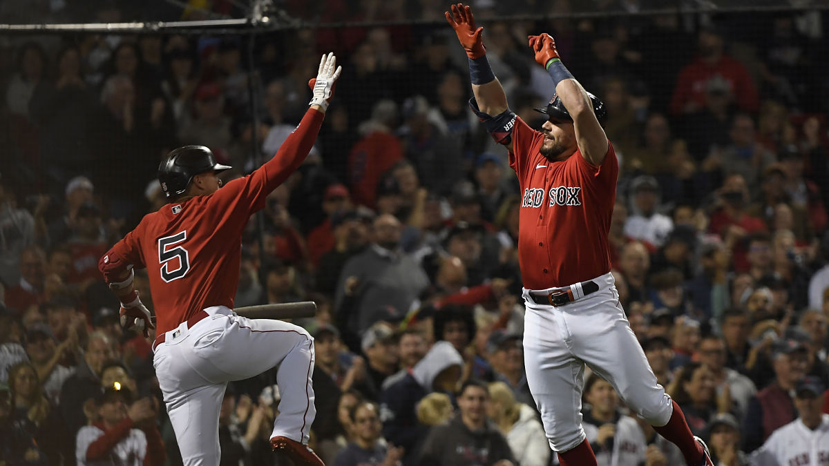 Boston Red Sox second baseman Kike Hernandez and designated hitter Kyle Schwarber